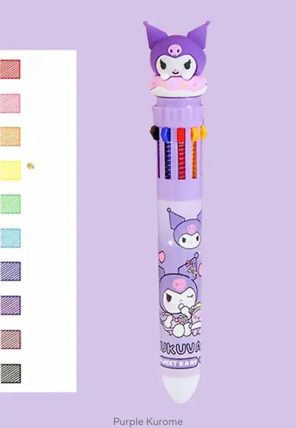 Sanrio Press Ten Color Ballpoint Pen Cartoon Kawaii Kuromi Multi-color Students Gel Pen Melody Sanrio Stationery Write Cute Pens