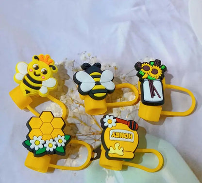 5pcs 10mm Bee Straw Covers Cap, Honeybee Reusable Silicone Straw Topper