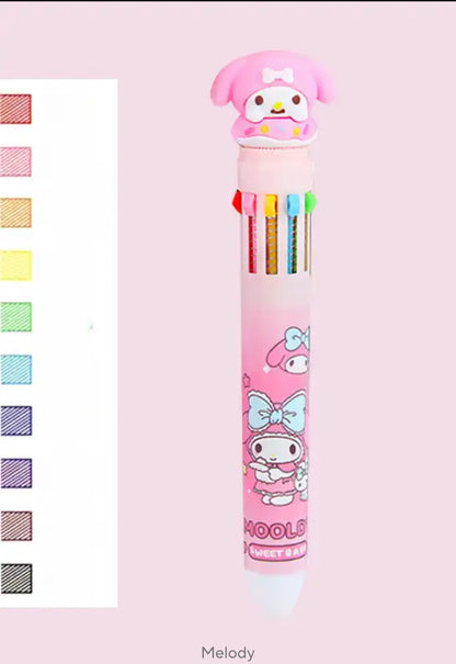 Sanrio Press Ten Color Ballpoint Pen Cartoon Kawaii Kuromi Multi-color Students Gel Pen Melody Sanrio Stationery Write Cute Pens