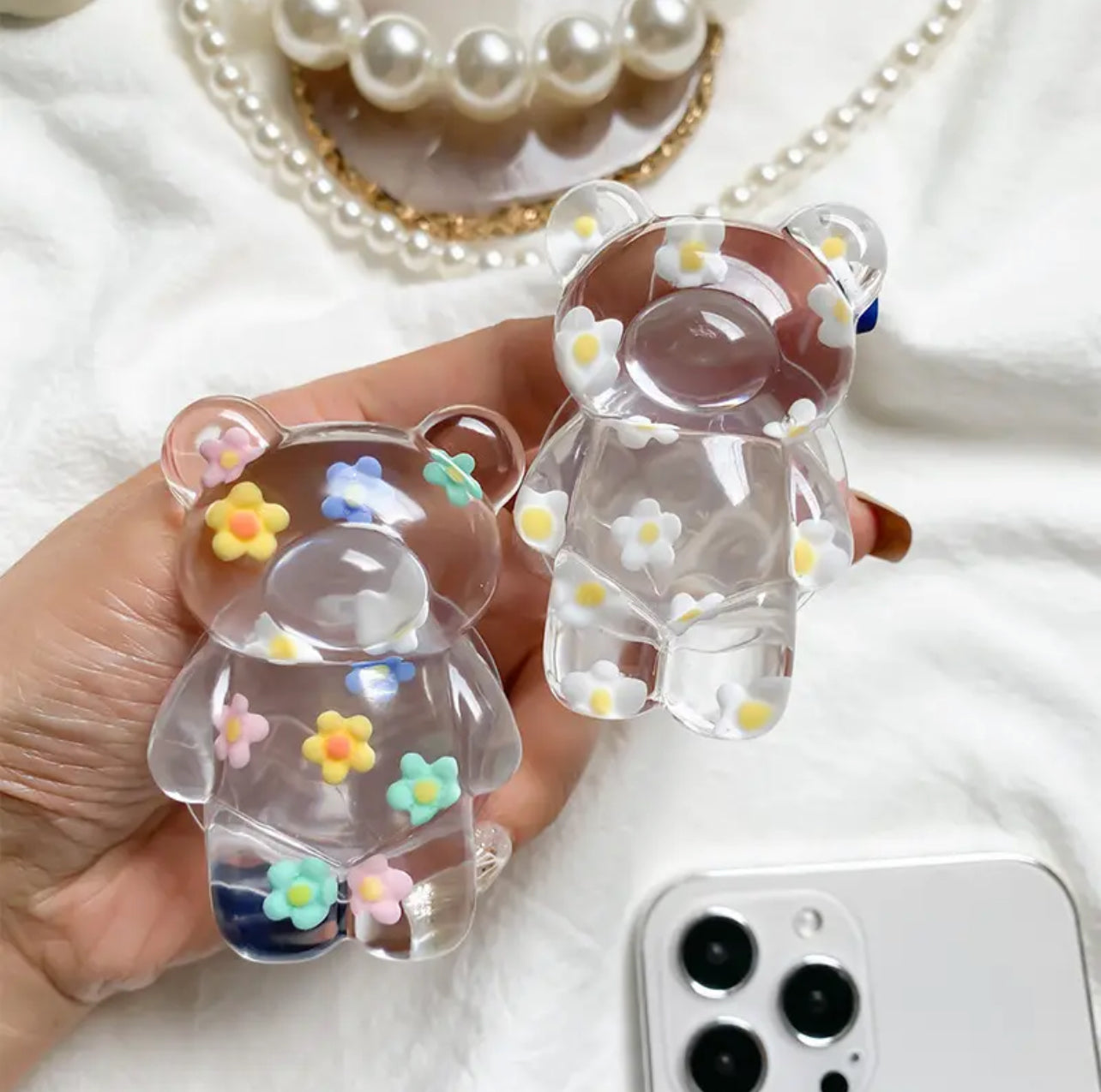 Floral Bear Doll Clear Universal Phone Holder Griptok  Grip Tok Folding Finger Stand Socket