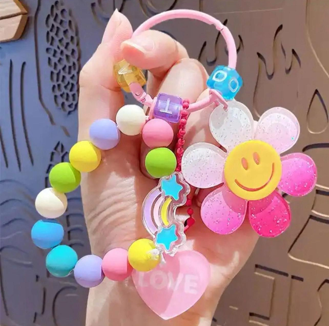 Sweet Acrylic Sunflower Keychains With Beaded Chain Candy Color Flowers Cute Keychain Bag Pendant Kawaii Korean Style Keyrings