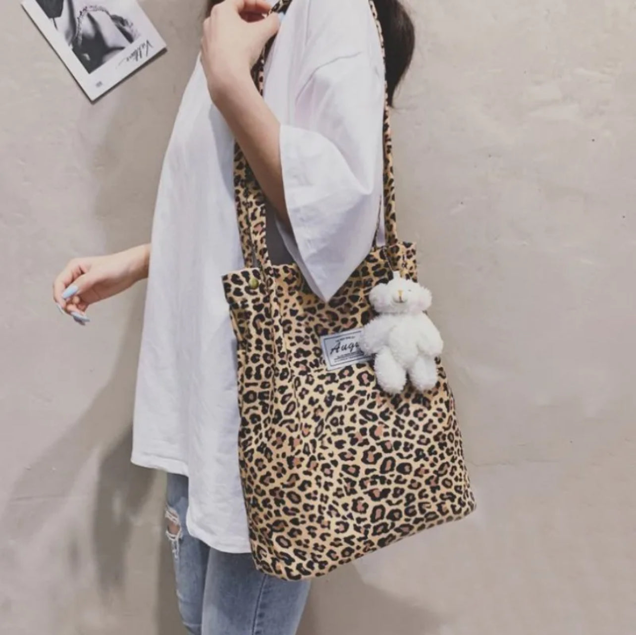 Korean Chic Big Casual Tote Bag Leopard with Bear