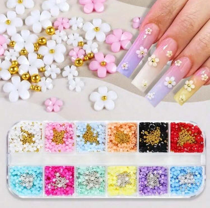 12grids 3d Floral Nail Art Decoration, Pearl, Steel Ball Flower,